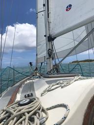 Our first day sail with the new sails and newly working engine.  We tucked in a reef very soon after this photo was taken