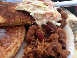 I think this was my favorite meal.  Beans with BBQ sauce and canned chicken served with cornbread and slaw.