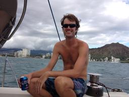 Dave enjoying a tame day sail aboard our friends' C&C 42 Demasiada.