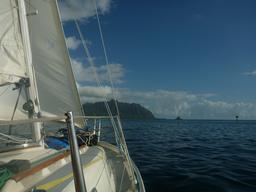 Leaving Kaneohe Bay under sail.  Look at those telltales flying perfectly!  Totally a coincidence.