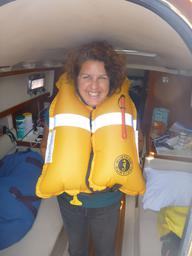 Carolyn wearing the inflated life jacket