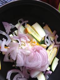 Shallot and garlic with squash ready to sauté.