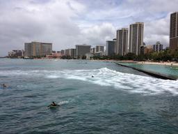 The famous Waikiki beach with surfers and all.